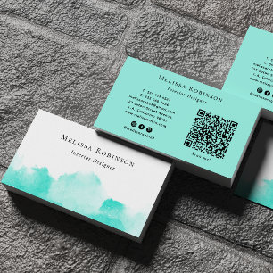 Carte De Visite Turquoise et Blanc Code QR Abstrait Chic Aquarelle
