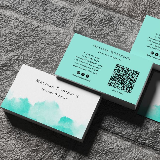 Carte De Visite Turquoise et Blanc Code QR Abstrait Chic Aquarelle (Créateur téléchargé)