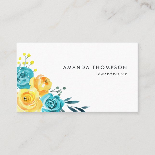 Carte De Visite Turquoise et floral aquarelle jaune (Devant)