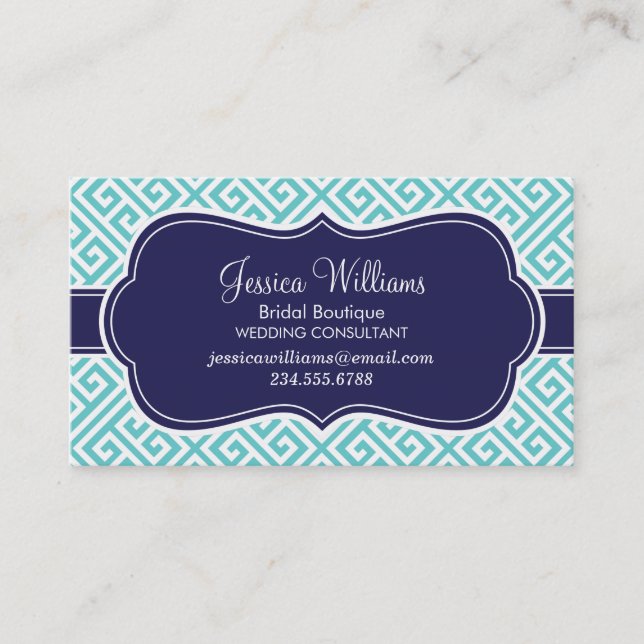 Carte De Visite Turquoise et marine Blue Greek Key Motif (Devant)