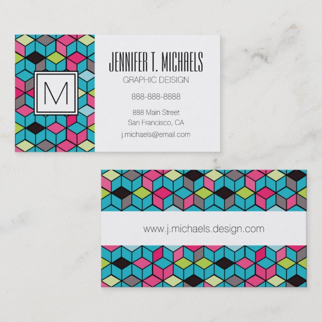 Carte De Visite Turquoise et motif rose de cube (Devant / Derrière)