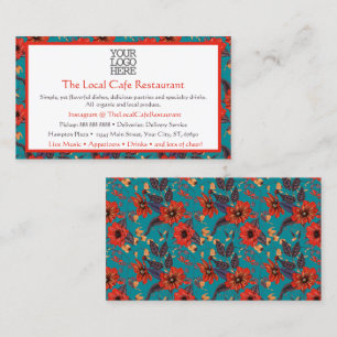 Carte De Visite Turquoise et rouge Floral Pattern Café local Resta