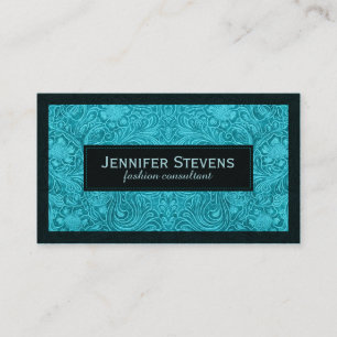Carte De Visite Turquoise Faux Suede Cuir Design Floral