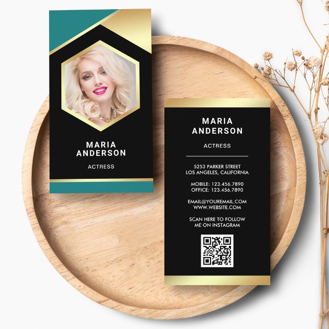 Carte De Visite Turquoise Gold Foil Modèle Actrice QR Code Photo (Créateur téléchargé)