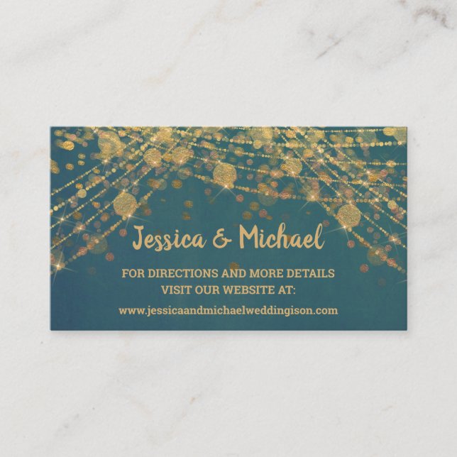 Carte De Visite Turquoise Gold String Lights Bokeh Mariage site We (Devant)