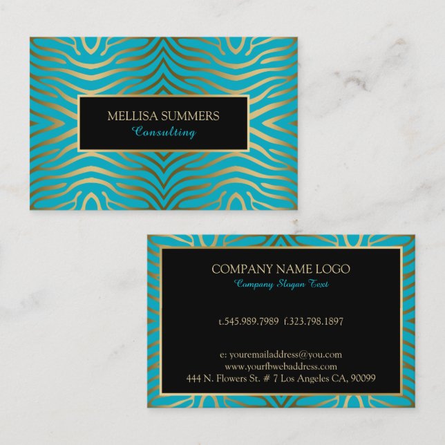 Carte De Visite Turquoise & Gold Zebra Stripes (Devant / Derrière)