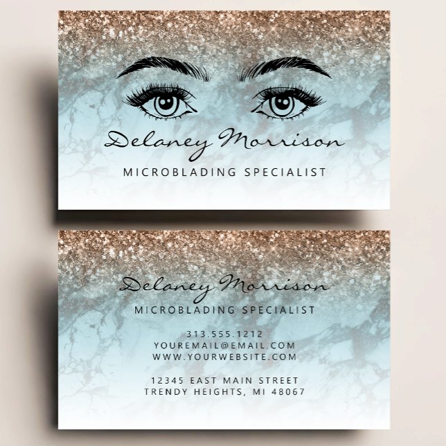 Carte De Visite Turquoise Marble Bronze Glitter Eyes Microblading (Créateur téléchargé)