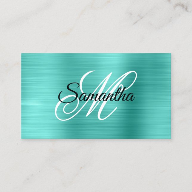 Carte De Visite Turquoise Métallisé Monogramme Fantaisie (Devant)