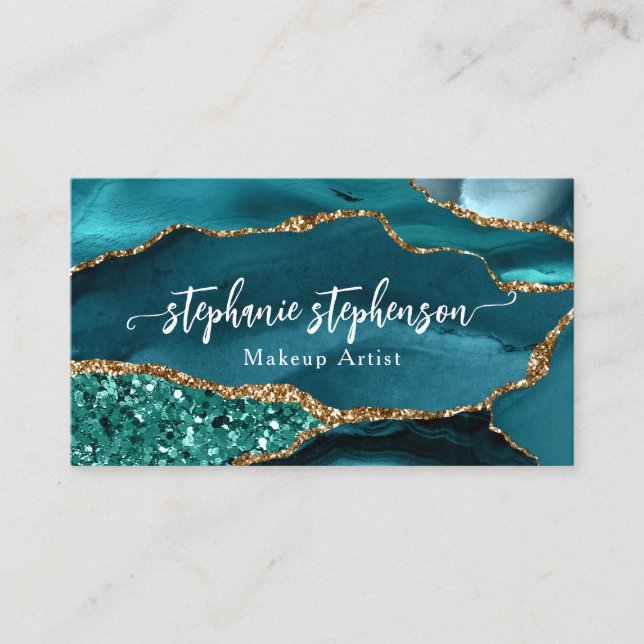 Carte De Visite Turquoise Or Sarcelle Pailleté Agate Unique Glamou (Devant)