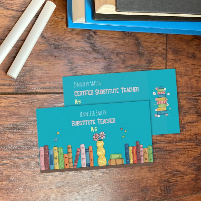 Carte de visite Turquoise pour les livres d'aquare (Watercolor books on shelf substitute teacher teal double-sided business cards .)
