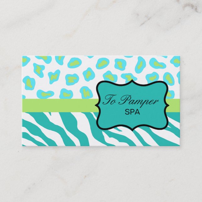 Carte De Visite Turquoise, Turquoise & Lime Zebra & Cheetah Skin p (Devant)