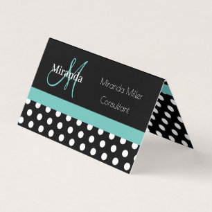 Carte De Visite Turquoise vert Monogramme noir blanc Polka point