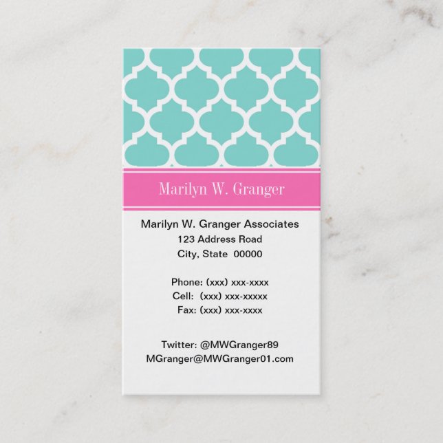 Carte De Visite Turquoise Wht Marocain #5 Rose Chaud 2 Monogramme  (Devant)