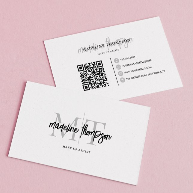 Carte De Visite Typographie Calligraphie Monogramme Silver QR code (Créateur téléchargé)