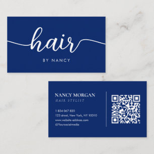 Carte De Visite Typographie de coiffeur Code QR Bleu Royal