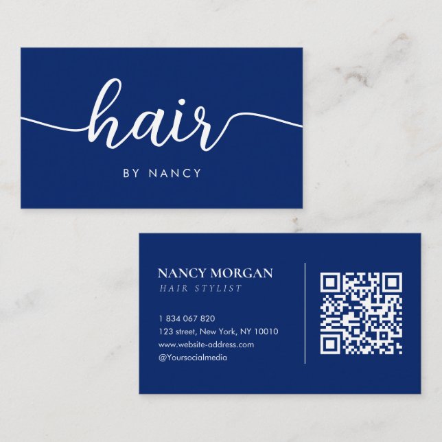 Carte De Visite Typographie de coiffeur Code QR Bleu Royal (Devant / Derrière)