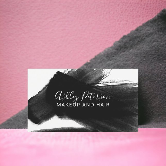 Carte De Visite Typographie de maquillage de cheveux blanc brun no (Black white brushstroke hair makeup typography business card)