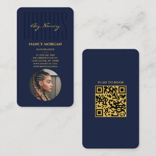 Carte De Visite Typographie de tresses Code QR Photo Navy et Or