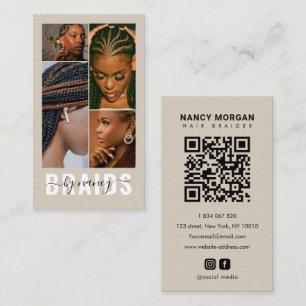 Carte De Visite Typographie de tresseuse 4 Photo QR Code Beige