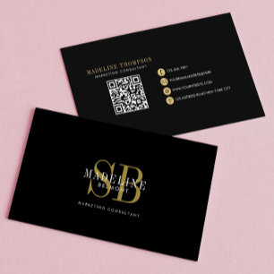 Carte De Visite Typographie élégante Monogramme Black Gold Code QR
