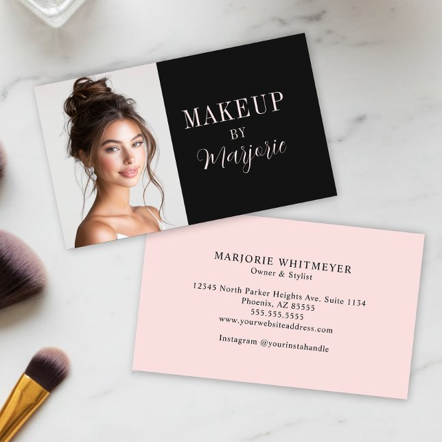 Carte De Visite Typographie moderne Black Pink écriture manuscrite (modern black blush pink script photo makeup business card with modern typography)