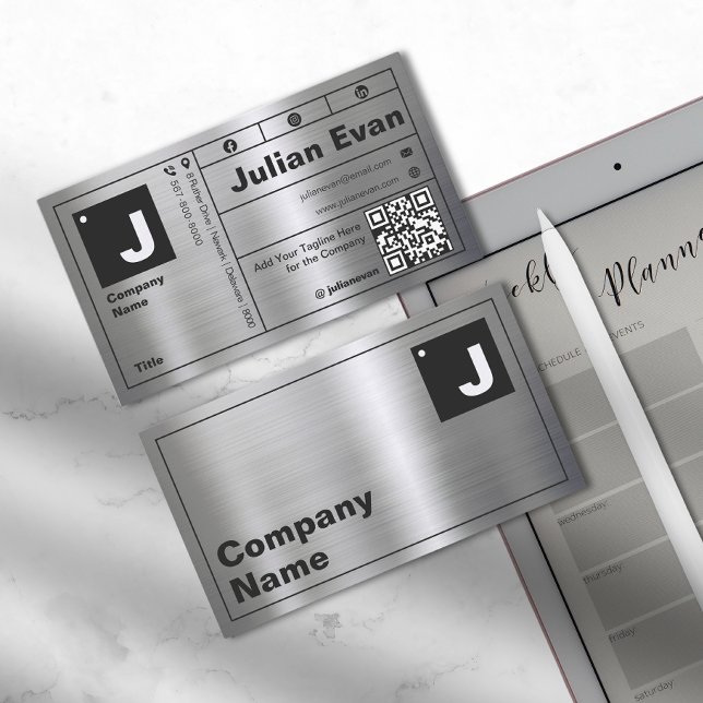 Carte De Visite Typographie moderne Gras Monogramme Métal brillant (Modern Bold Typography Monogram Shiny Metal Business Card)