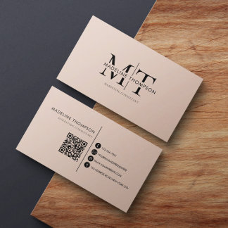 Carte De Visite Typographie moderne Monogramme Crème Boho Code QR