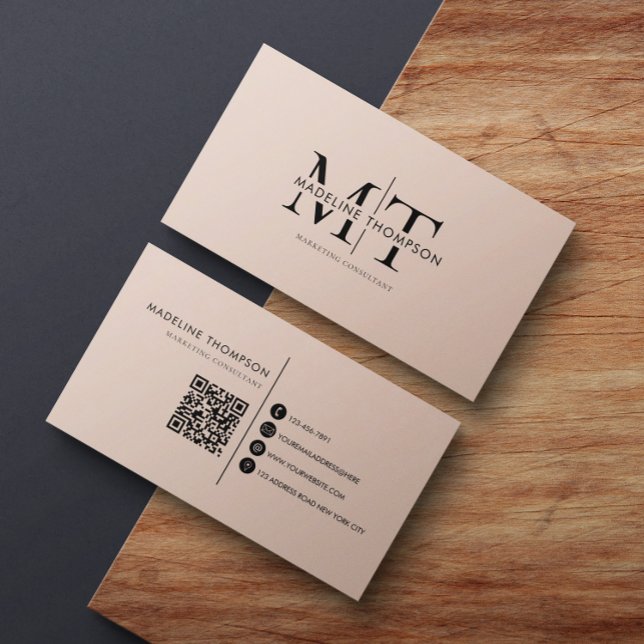 Carte De Visite Typographie moderne Monogramme Crème Boho Code QR (Créateur téléchargé)