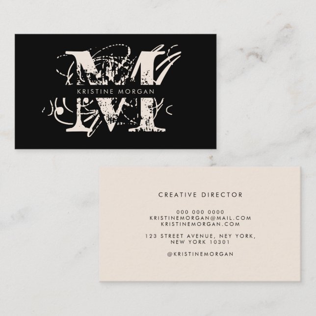 Carte De Visite Typographie moderne noir beige nom monogramme (Devant / Derrière)