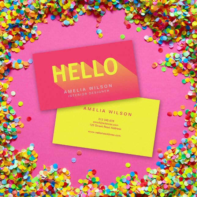 Carte De Visite Typographie moderne vibrant rose et jaune Hello (Créateur téléchargé)