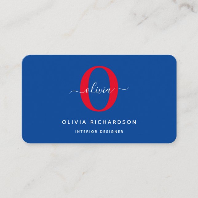 Carte De Visite Typographie Monogramme Nom du script Bleu Blanc Ro (Devant)