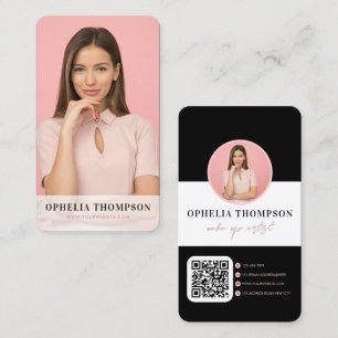 Carte De Visite Typographie noir rose fusée Code QR