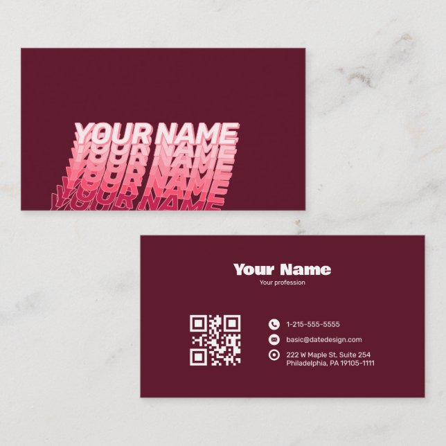 Carte De Visite Typographie ondulée rétro moderne CODE QR bordeaux (Devant / Derrière)
