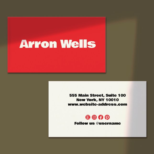 Carte De Visite Typographie rouge moderne (bright red business card - bold white modern typography - red social media networking icons )