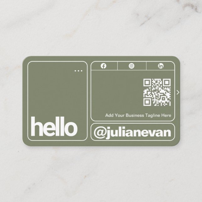 Carte De Visite Typographie Vert Sauge Code QR Scannable Bonjour (Devant)