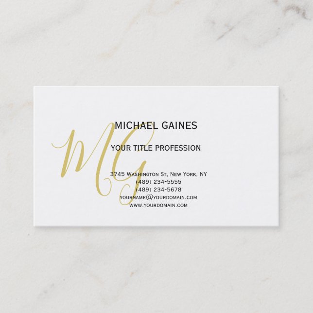 Carte De Visite Unique Calligraphie or couleur Monogramme blanc (Devant)