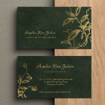 Carte De Visite Unique classique élégant professionnel<br><div class="desc">Luxe élégant luxe élégant vert émeraude foncé et or unique carte de visite avec une branche de feuillage botanique et script de calligraphie classique.                 Convient aux designers d'intérieur de maison de luxe,  wedding planners,  personnels,  coiffeurs de beauté ou maquillage,  artistes.            Facile à personnaliser avec vos détails !</div>