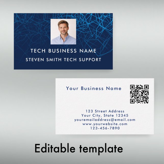 Carte De Visite Unique Modern Blue Photo QR Code Tech Professional (Personalize this modern blue geometric business card template
)