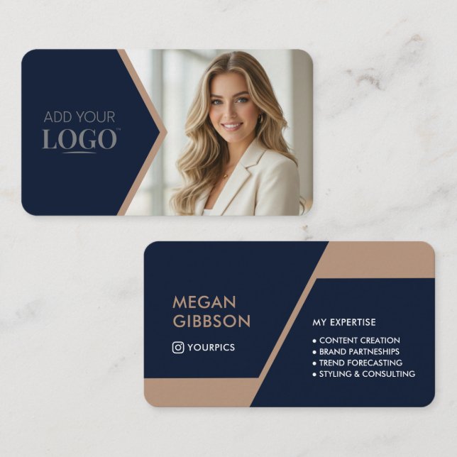 Carte De Visite Upscale Navy Blue & Gold Geometric Business (Devant / Derrière)
