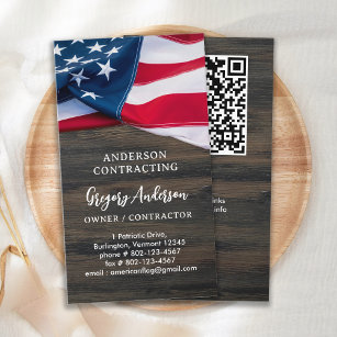 Carte De Visite USA American Flag QR Code Rustic Wood Patriotic