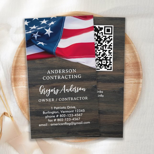 Carte De Visite USA American Flag QR Code Rustic Wood Patriotic (Créateur téléchargé)