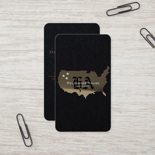 Carte De Visite USA Map Gold Black Stars Monogramme Vertical (Devant/Arrière en situation)