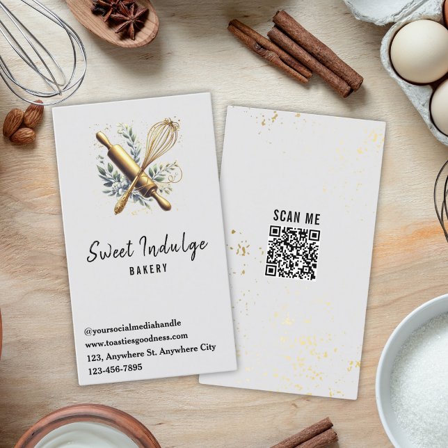 Carte De Visite Ustensile de cuisson QR Code Boulangerie en or gri (Créateur téléchargé)