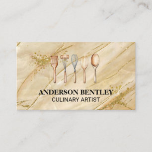 Carte De Visite Ustensiles cuisine   Arrière - plan en marbre doré