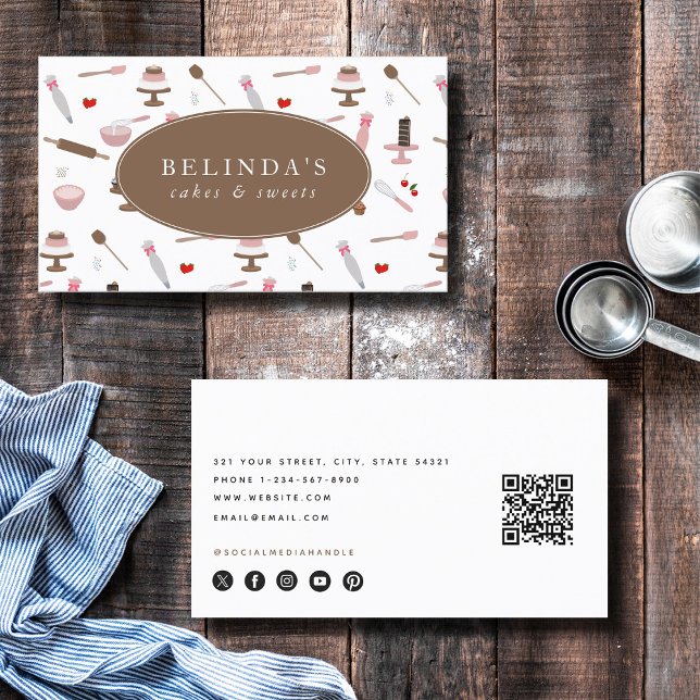 Carte De Visite Ustensiles de boulangerie et de Cuisine Cuisine QR (Baking & Cooking Utensils Bakery Cooking QR Code Business Card)