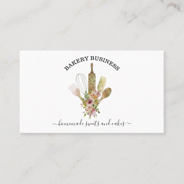Carte De Visite Ustensiles de cuisson Traiteur rustique floral ver (Devant)