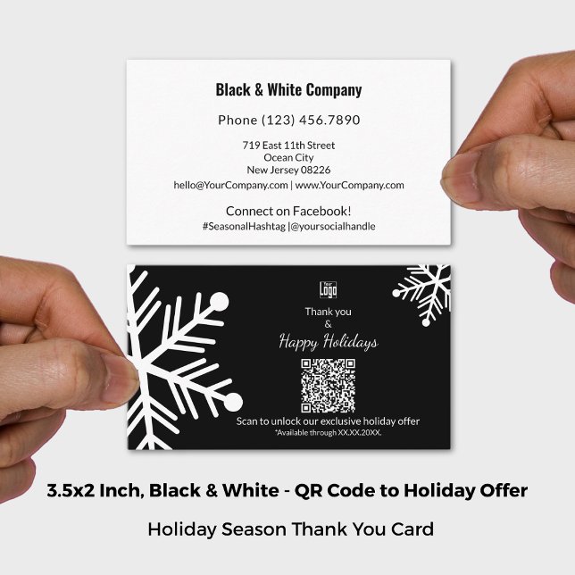 Carte De Visite Vacances Noir & Blanc Exclusive QR Offre Merci (Black & White Holiday Exclusive QR Offer Thank You Business Card; Size: 3.5x2 Inch (US))