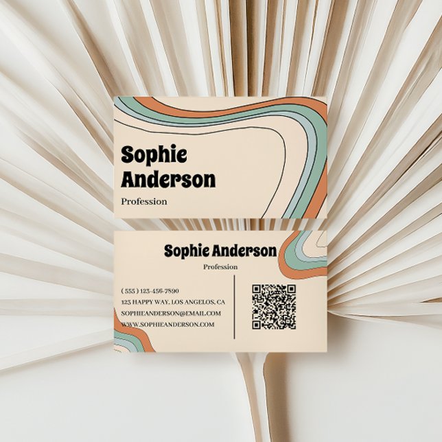 Carte De Visite Vague Abstrait Rétro Arc-en-ciel avec Code QR (Créateur téléchargé)
