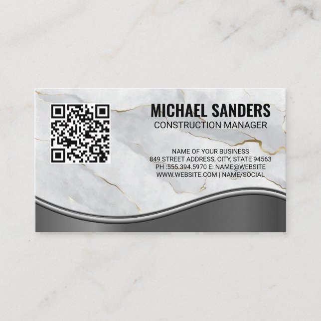 Carte De Visite Vague métallique en marbre | Code QR (Devant)
