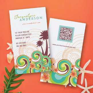Carte De Visite Vagues Tropicales Hibiscus Eté Plage Palmiers